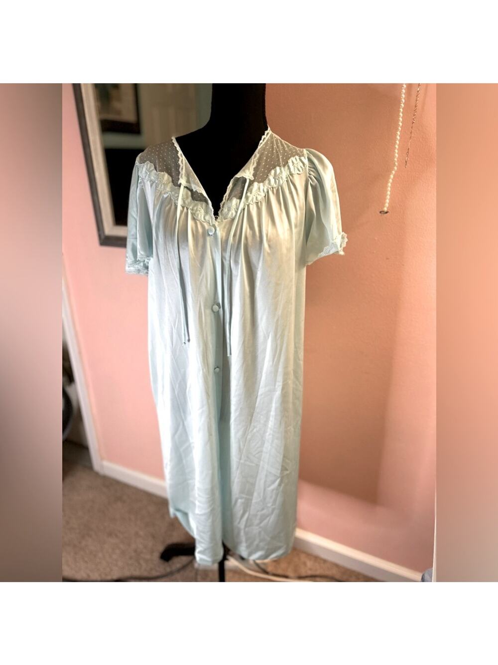 Vintage Lorraine 1970s Baby Blue Nylon Lace Button Gown M Medium Flare Sleeve